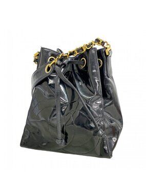 Chanel Shoulder Bag Patent Leather Black Gold